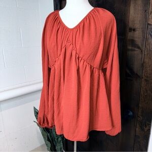 Beeson River Relaxed Ruched terracotta Blouse long sleeve Vneck Size Medium